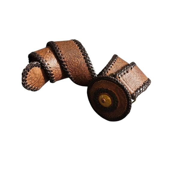 Vintage Tooled Leather Belt Brown Western Braided Edge Snap Buckle Boho Festival - Picture 1 of 5